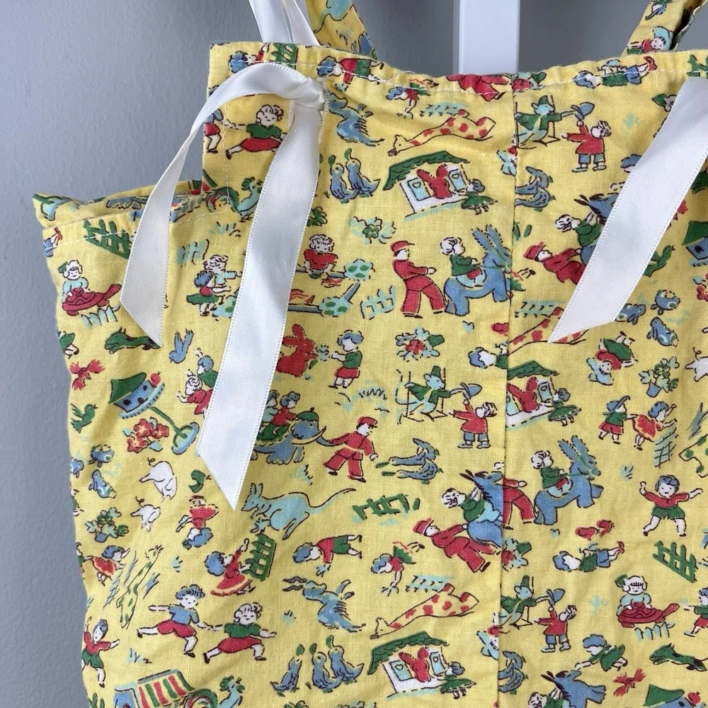 Vintage Three Girls Romper Overalls Baby Girl 12M Yellow Farm Animal‎ Print USA
